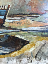 Load image into Gallery viewer, Mid 20th Century, modern British, abstract seascape moored boats oil painting on canvas