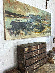 Mid 20th Century, modern British, abstract seascape moored boats oil painting on canvas