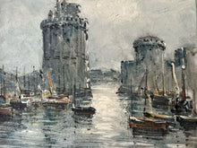 Load image into Gallery viewer, Mid 20th Century landscape harbour oil painting on canvas La Rochelle France