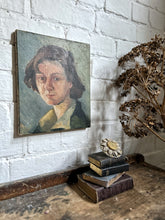 Load image into Gallery viewer, A Mid 20th Century oil on canvas portrait of a female sitter in blue tones.