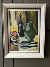 Load image into Gallery viewer, Mid 20th Century still life oil painting on board fish with wine