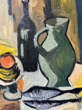 Load image into Gallery viewer, Mid 20th Century still life oil painting on board fish with wine