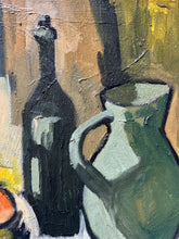 Load image into Gallery viewer, Mid 20th Century still life oil painting on board fish with wine