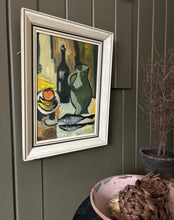 Load image into Gallery viewer, Mid 20th Century still life oil painting on board fish with wine