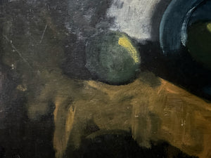 Mid 20th Century still life oil painting on board jug & fruit composition
