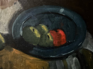 Mid 20th Century still life oil painting on board jug & fruit composition