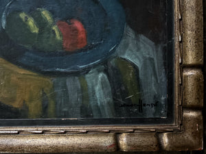 Mid 20th Century still life oil painting on board jug & fruit composition
