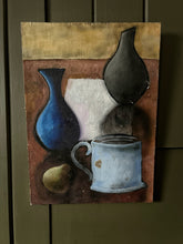 Load image into Gallery viewer, Mid 20th century still life oil painting of vessels on wooden panel