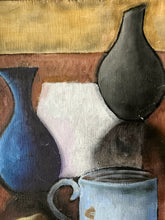 Load image into Gallery viewer, Mid 20th century still life oil painting of vessels on wooden panel