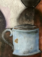 Load image into Gallery viewer, Mid 20th century still life oil painting of vessels on wooden panel