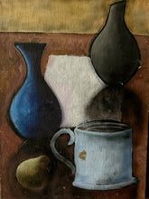 Load image into Gallery viewer, Mid 20th century still life oil painting of vessels on wooden panel