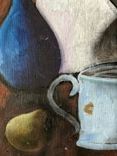 Load image into Gallery viewer, Mid 20th century still life oil painting of vessels on wooden panel