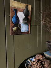 Load image into Gallery viewer, Mid 20th century still life oil painting of vessels on wooden panel