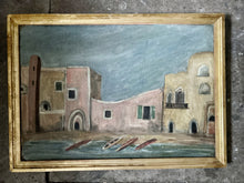 Load image into Gallery viewer, Mid Century Vintage oil painting on board Mediterranean beach scene with boats