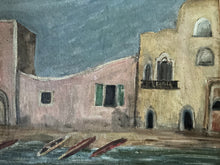 Load image into Gallery viewer, Mid Century Vintage oil painting on board Mediterranean beach scene with boats
