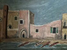 Load image into Gallery viewer, Mid Century Vintage oil painting on board Mediterranean beach scene with boats