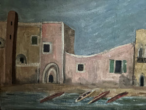 Mid Century Vintage oil painting on board Mediterranean beach scene with boats