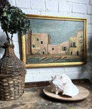 Load image into Gallery viewer, Mid Century Vintage oil painting on board Mediterranean beach scene with boats