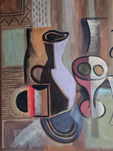 Load image into Gallery viewer, Mid century Cubist still life oil painting on board 