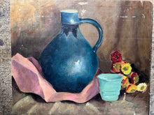 Load image into Gallery viewer, Mid century Vintage still life oil painting on board blue jug with flowers