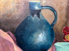 Load image into Gallery viewer, Mid century Vintage still life oil painting on board blue jug with flowers
