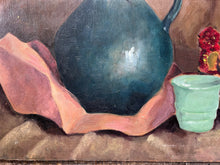 Load image into Gallery viewer, Mid century Vintage still life oil painting on board blue jug with flowers