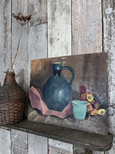 Load image into Gallery viewer, Mid century Vintage still life oil painting on board blue jug with flowers