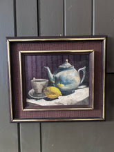 Load image into Gallery viewer, Mid century still life oil painting kitchen scene tea with lemon