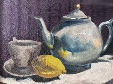 Load image into Gallery viewer, Mid century still life oil painting kitchen scene tea with lemon
