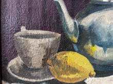 Load image into Gallery viewer, Mid century still life oil painting kitchen scene tea with lemon