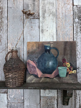 Load image into Gallery viewer, Mid century Vintage still life oil painting on board blue jug with flowers