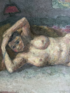 Mid century reclining nude oil painting on board 1940's Slade school style