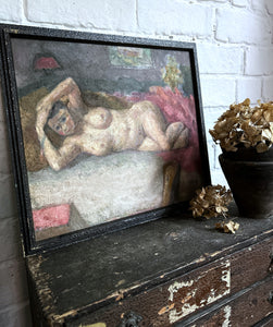 Mid century reclining nude oil painting on board 1940's Slade school style