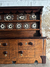 Load image into Gallery viewer, Miniature arts &amp; crafts style antique scratch built apprentice piece dresser with tin hand painted sponge ware plates