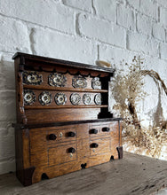 Load image into Gallery viewer, Miniature arts &amp; crafts style antique scratch built apprentice piece dresser with tin hand painted sponge ware plates