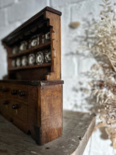 Load image into Gallery viewer, Miniature arts &amp; crafts style antique scratch built apprentice piece dresser with tin hand painted sponge ware plates