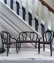 Load image into Gallery viewer, Miniature apprentice piece set of black laquered bentwood &amp; Cane Thonet furniture