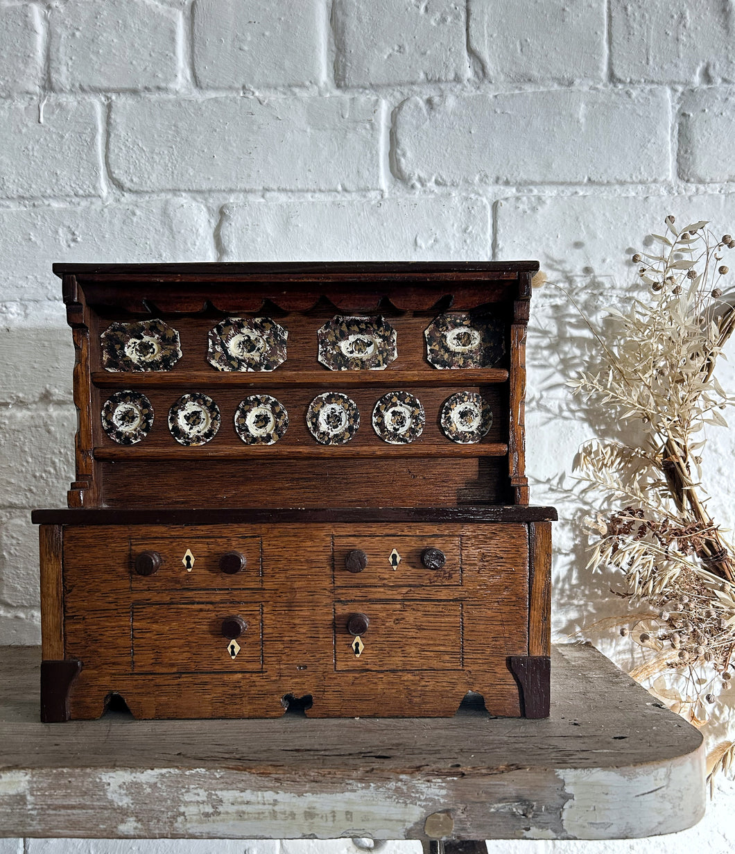 Miniature arts & crafts style antique scratch built apprentice piece dresser with tin hand painted sponge ware plates