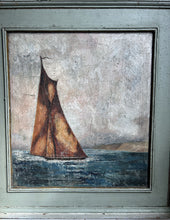 Load image into Gallery viewer, Naive 19th Century antique oil painting fishing boat lugger seascape on wooden panel