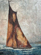 Load image into Gallery viewer, Naive 19th Century antique oil painting fishing boat lugger seascape on wooden panel