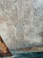 Load image into Gallery viewer, Naive 19th Century antique oil painting fishing boat lugger seascape on wooden panel