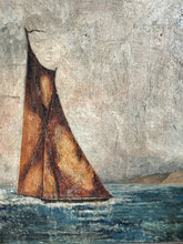 Load image into Gallery viewer, Naive 19th Century antique oil painting fishing boat lugger seascape on wooden panel