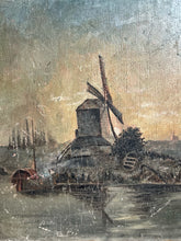 Load image into Gallery viewer, Naive antique 19th Century oil painting on wooden panel Dutch windmill