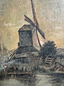 Naive antique 19th Century oil painting on wooden panel Dutch windmill