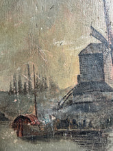 Load image into Gallery viewer, Naive antique 19th Century oil painting on wooden panel Dutch windmill