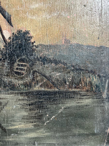 Naive antique 19th Century oil painting on wooden panel Dutch windmill