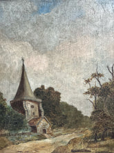 Load image into Gallery viewer, Naive 19th Century antique rural landscape oil painting on wooden panel