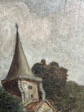 Load image into Gallery viewer, Naive 19th Century antique rural landscape oil painting on wooden panel