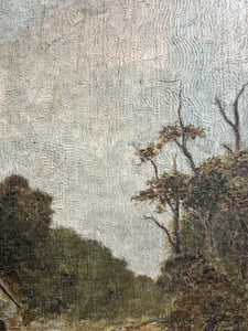 Naive 19th Century antique rural landscape oil painting on wooden panel