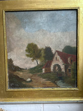 Load image into Gallery viewer, Naive antique 19th Century oil painting rural landscape on wooden panel